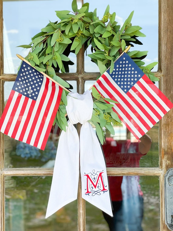 Monogrammed Linen Wreath Sash: Patriotic Front Door Decor - Etsy