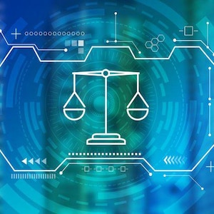 Pode incluir: Um ícone de arte linear branca de uma balança da justiça centralizado num fundo digital azul com padrões geométricos abstratos, nós de dados e linhas de circuitos brilhantes que criam uma interface visual moderna e tecnológica.