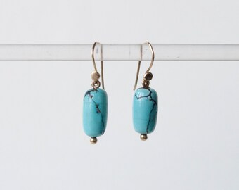 Turquoise with matrix barrel shaped bead drop earring with solid 14k yellow gold