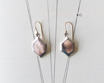 Hexagonal sterling silver dangling earrings with polished surface and hand made 14k yellow gold ear wires