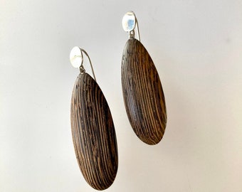 Carved wood drop earrings with hand made silver wires