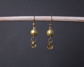 Golden pearls with citrine briolette dangling earrings with solid gold