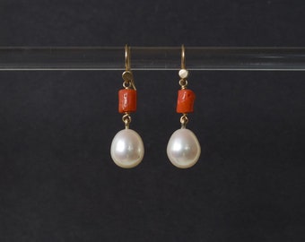 Pearl and coral solid gold drop earring