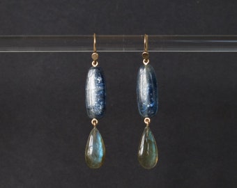 Kyanite and Labrodorite dreamy moon earrings long and elegant