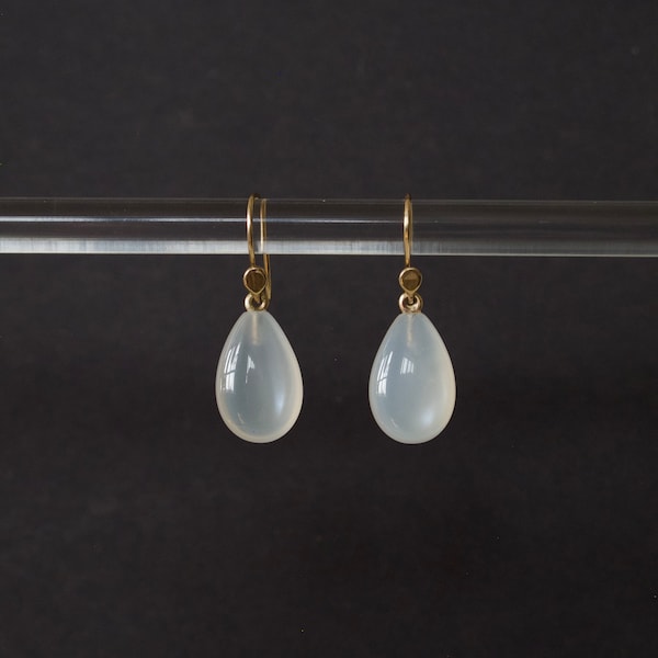 Moonstone teardrop earrings set with hand made solid 14k yellow gold ear wires, Rainbow  June Birthstone