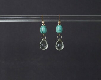 Turquoise and Aquamarine briolette dangling earrings with hand made solid 14k ear wires