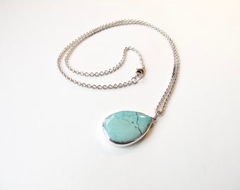 Large turquoise pear cut cabochon pendant on silver chain