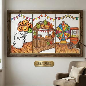 Könnte beinhalten: Ein dreiteiliges Wandbild in einem dunklen Holzrahmen mit einem Cartoon-Geist, der Kürbisballons hält, einem herbstlichen Essensstand mit Kuchen und Getränken sowie einem bunten Jahrmarkts-Glücksrad mit einem Popcornwagen, beschriftet mit NIGHT FLIGHT.