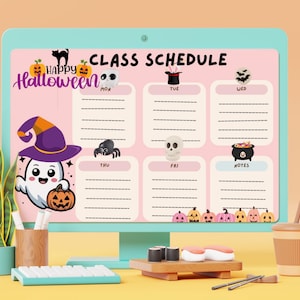 Könnte beinhalten: Ein digitaler Stundenplan auf einem Computermonitor mit hellrosa Hintergrund, der Halloween-Grafiken wie einen Geist mit violettem Hut, Kürbisse, eine Spinne, einen Totenkopf und den Text Happy Halloween Class Schedule zeigt.