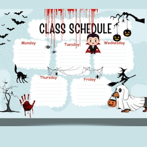 Könnte beinhalten: Ein hellblauer Stundenplan im Halloween-Design mit weißen, wolkenförmigen Schreibfeldern für Montag bis Freitag. Er zeigt einen Vampir, einen Hund im Geisterkostüm, eine Hexe, Fledermäuse, Spinnen, einen kahlen Baum und einen blutigen Handabdruck.