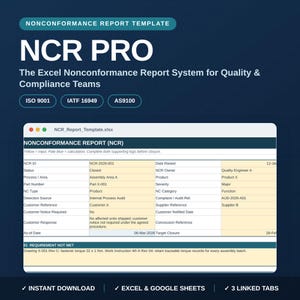 May include: A digital Nonconformance Report template titled NCR PRO for Excel and Google Sheets. The interface displays a spreadsheet with fields for NCR ID, status, process, and audit details, including ISO 9001, IATF 16949, and AS9100 compliance labels.