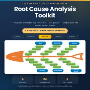 May include: A Lean Six Sigma DMAIC Analyse Phase Root Cause Analysis Toolkit digital graphic. It features a fishbone diagram with categories including Man, Machine, Method, Material, Measurement, and Mother Nature, plus text summary boxes.