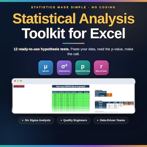 Può includere: Un kit di strumenti di analisi statistica per Excel con il testo Statistics Made Simple, No Coding, Statistical Analysis Toolkit for Excel e 12 test di ipotesi pronti all'uso. Include icone per media, varianza, proporzione e relazione.