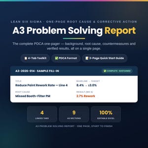 May include: A Lean Six Sigma A3 Problem Solving Report template featuring a dark blue background with white text. It includes a sample fill-in section for root cause analysis, PDCA format, 4 linked tabs, 9 A3 sections, and 100% editable Excel.