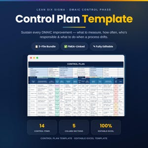 Puede incluir: Una plantilla de plan de control DMAIC Lean Six Sigma que incluye un paquete de 3 archivos, vinculada a FMEA y totalmente editable en Excel. La plantilla contiene 14 elementos de control, 5 secciones de columnas y texto sobre procesos.
