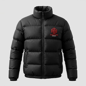 May include: A black puffer jacket with a high collar and a full-length front zip. The jacket features horizontal quilted panels and two zipped side pockets. A red hexagonal logo with the text SIGNATURE JACKETS is printed on the left chest.