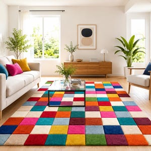 May include: A rectangular area rug featuring a vibrant grid pattern of multi-coloured squares in shades of red, orange, yellow, green, blue, pink, and cream. The rug is positioned on a light wood floor in a room with a sofa and a glass coffee table.