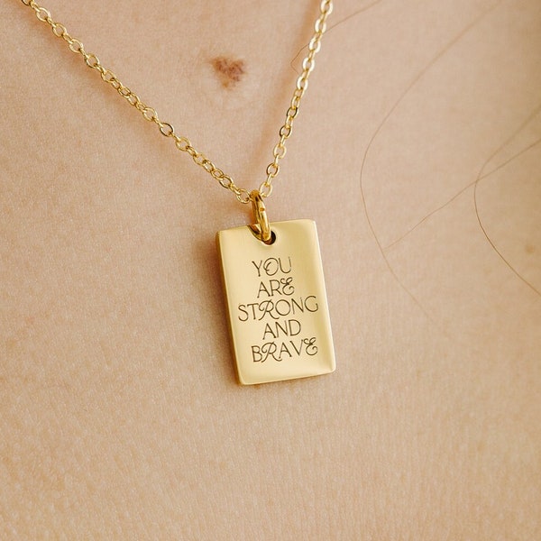 You Are Strong And Brave Necklace, Affirmation Necklace, Brave Jewelry, Uplifting Gift Idea, Rectangle Charm, Affirmation Gift, Be Brave