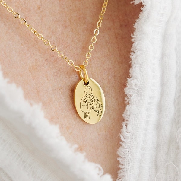 Small Oval Lamb of God Necklace, Savior Drawing Necklace, Savior Holding Lamb, Christ Necklace, Minimalist Necklace, Faith Jewelry,