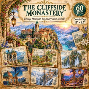 May include: A digital collage titled The Cliffside Monastery Vintage Mountain Sanctuary Junk Journal, featuring 60 JPG files. The design displays a mountain monastery, a waterfall, and open books with illustrations of a bell tower and observatory.