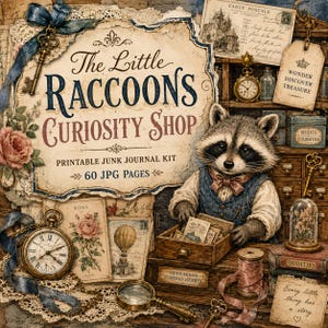 Puede incluir: Un kit de diario basura imprimible titulado The Little Raccoons Curiosity Shop, con 60 páginas JPG. El diseño incluye un mapache con chaleco, relojes antiguos, llaves, ilustraciones florales, un globo aerostático y etiquetas como Oddities.