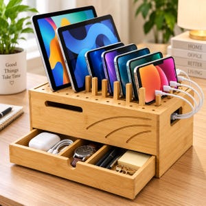 Bamboo Charging Station for Multiple Devices, Phone & Tablet Dock, Cable Management Organizer with Drawer