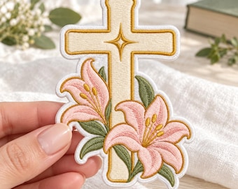 Floral Cross Embroidered Patch, Pink Lily Iron On Badge, Christian Faith Applique, Easter Religious Decal, Bible Cover Tag