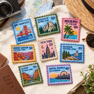 May include: Eight rectangular embroidered patches designed as postage stamps, featuring illustrations of San Francisco, Yosemite, Miami, Grand Canyon, New York, Acadia, Zion, and Santa Monica with their respective names, locations, and prices.