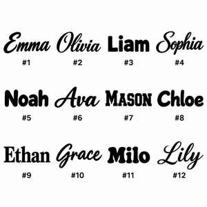 K&ouml;nnte beinhalten: Eine Sammlung von zw&ouml;lf schwarzen Textbeispielen mit verschiedenen Schriftarten und Namen. Die Namen umfassen Emma, Olivia, Liam, Sophia, Noah, Ava, Mason, Chloe, Ethan, Grace, Milo und Lily, jeweils beschriftet mit einer Nummer von #1 bis #12.