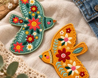Folk Art Bird Embroidered Patch, Floral Dove Iron On Badge, Botanical Animal Applique, Boho Nature Jacket Tag