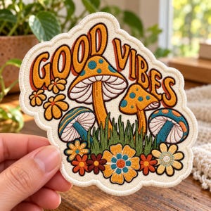 Groovy Good Vibes Iron On Patch, Retro Mushroom Embroidered Applique, Colorful 70s Flower Patch for Denim Jacket and Canvas Tote