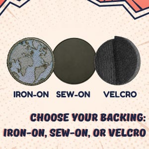 May include: Three circular patches showing different backings: an iron-on patch with a world map design, a plain black sew-on patch, and a black velcro patch. Text reads: CHOOSE YOUR BACKING: IRON-ON, SEW-ON, OR VELCRO, with labels below each item.