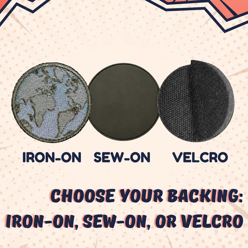 May include: Three circular patches showing different backings: an iron-on patch with a world map design, a plain black sew-on patch, and a black velcro patch. Text reads: CHOOSE YOUR BACKING: IRON-ON, SEW-ON, OR VELCRO, with labels below each item.