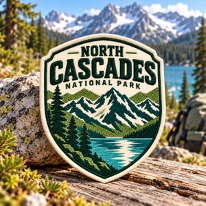 May include: A shield-shaped embroidered patch featuring the text NORTH CASCADES NATIONAL PARK in dark green. The design depicts a mountain range with snow-capped peaks, a deep blue lake, and dark green pine trees on a cream background.