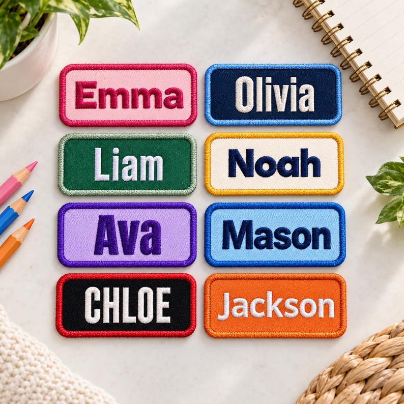 May include: Eight rectangular embroidered name patches with rounded corners. The patches feature the names Emma, Olivia, Liam, Noah, Ava, Mason, Chloe, and Jackson in various thread colors against contrasting fabric backgrounds with stitched borders.
