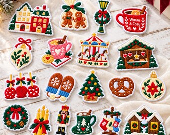 Christmas Holiday Market Embroidered Patches, Cozy Winter Iron On Applique, Festive Christmas Tree Emblem, Sew On Hook And Loop