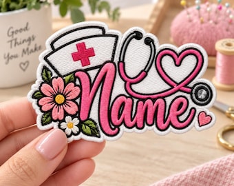 Custom Nurse Name Embroidered Patches, Personalized Floral Stethoscope Iron On Badge, Medical Worker Applique, RN Scrub Bag Tag