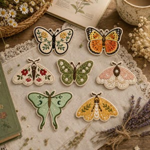 May include: Seven embroidered patches shaped like butterflies and moths. The designs include floral patterns, crescent moons, and stars in colors of cream, orange, red, green, pink, and yellow, all featuring detailed stitching and scalloped edges.