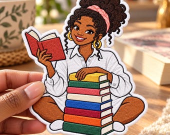Black Girl Bookworm Embroidered Patch, Melanin Reader Iron On Badge, Reading Teacher Applique, Library Tote Bag Tag