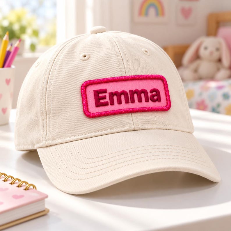 May include: A cream-colored baseball cap featuring a rectangular patch on the front. The patch has a bright pink border and a lighter pink center with the name Emma embroidered in dark pink lettering. The cap has a curved brim and stitched eyelets.
