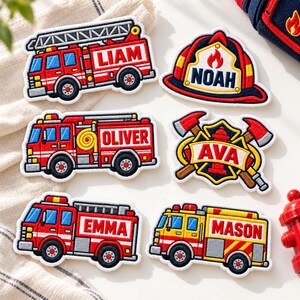 Personalized Fire Truck Name Embroidered Patch, Custom Firefighter Iron On Badge, Kids Rescue Vehicle Applique, Backpack Tag