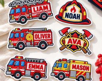 Personalized Fire Truck Name Embroidered Patch, Custom Firefighter Iron On Badge, Kids Rescue Vehicle Applique, Backpack Tag