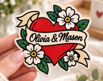 Personalized Tattoo Heart Embroidered Patch, Custom Couple Name Iron On Badge, Vintage Floral Ribbon Applique, Biker Jacket Tag