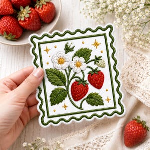 May include: A rectangular embroidered patch with a scalloped edge featuring a white background, green border, and a botanical design of red strawberries, white flowers with yellow centers, green leaves, and small yellow star accents.