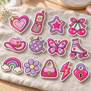 Y2K Nostalgia Embroidered Patch Set, Retro Girly Iron On Badge Collection, Pink Coquette Applique, Denim Backpack Tag