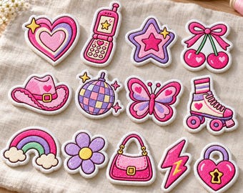 Y2K Nostalgia Embroidered Patch Set, Retro Girly Iron On Badge Collection, Pink Coquette Applique, Denim Backpack Tag