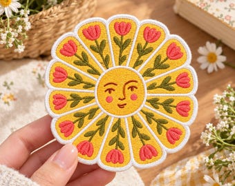 Floral Sun Face Embroidered Patch, Boho Botanical Iron On Badge, Retro 70s Decal, Cottagecore Tulip Applique, Hippie Tag, Happy Flower Tote