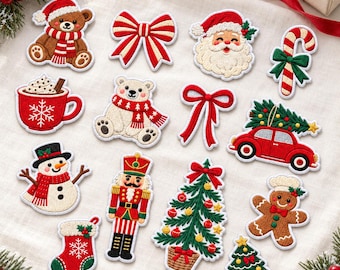 Christmas Holiday Embroidered Patches, Festive Winter Iron On Applique, Santa Snowman Motif, Sew On Hook And Loop, Stocking Stuffer