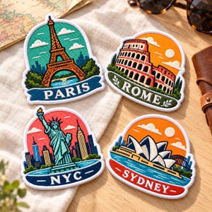 May include: Four embroidered patches featuring iconic landmarks: the Eiffel Tower labeled PARIS, the Colosseum labeled ROME, the Statue of Liberty labeled NYC, and the Sydney Opera House labeled SYDNEY. Each patch has a distinct color scheme.