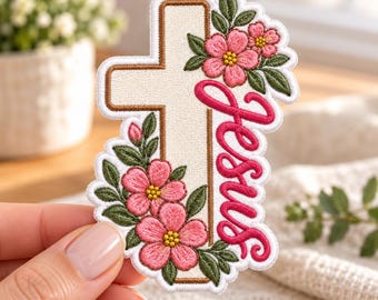 Floral Cross Jesus Embroidered Patch, Christian Faith Iron On Badge, Religious Applique, Bible Cover Tag, Religious Gift